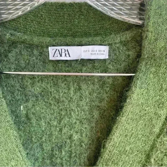 Zara Purl Knit Button Front Alpaca Wool Dark Green Oversized Cardigan size S - Picture 5 of 10